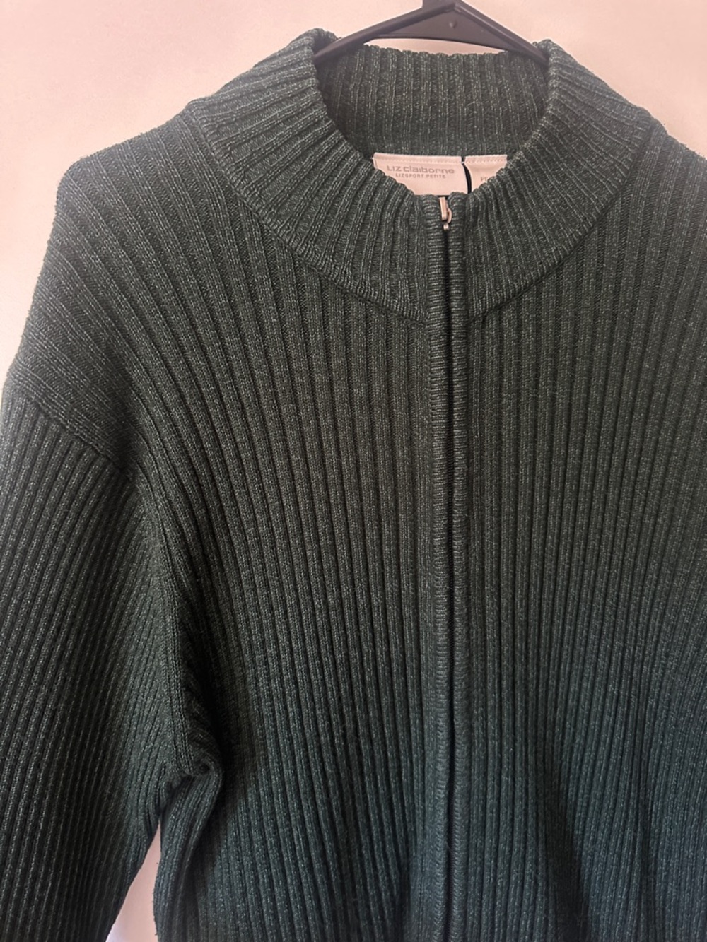 Vintage Liz Claiborne Lizsport Green Ribbed Zip Cardigan Sweater M Petite Cozy - Picture 3 of 6